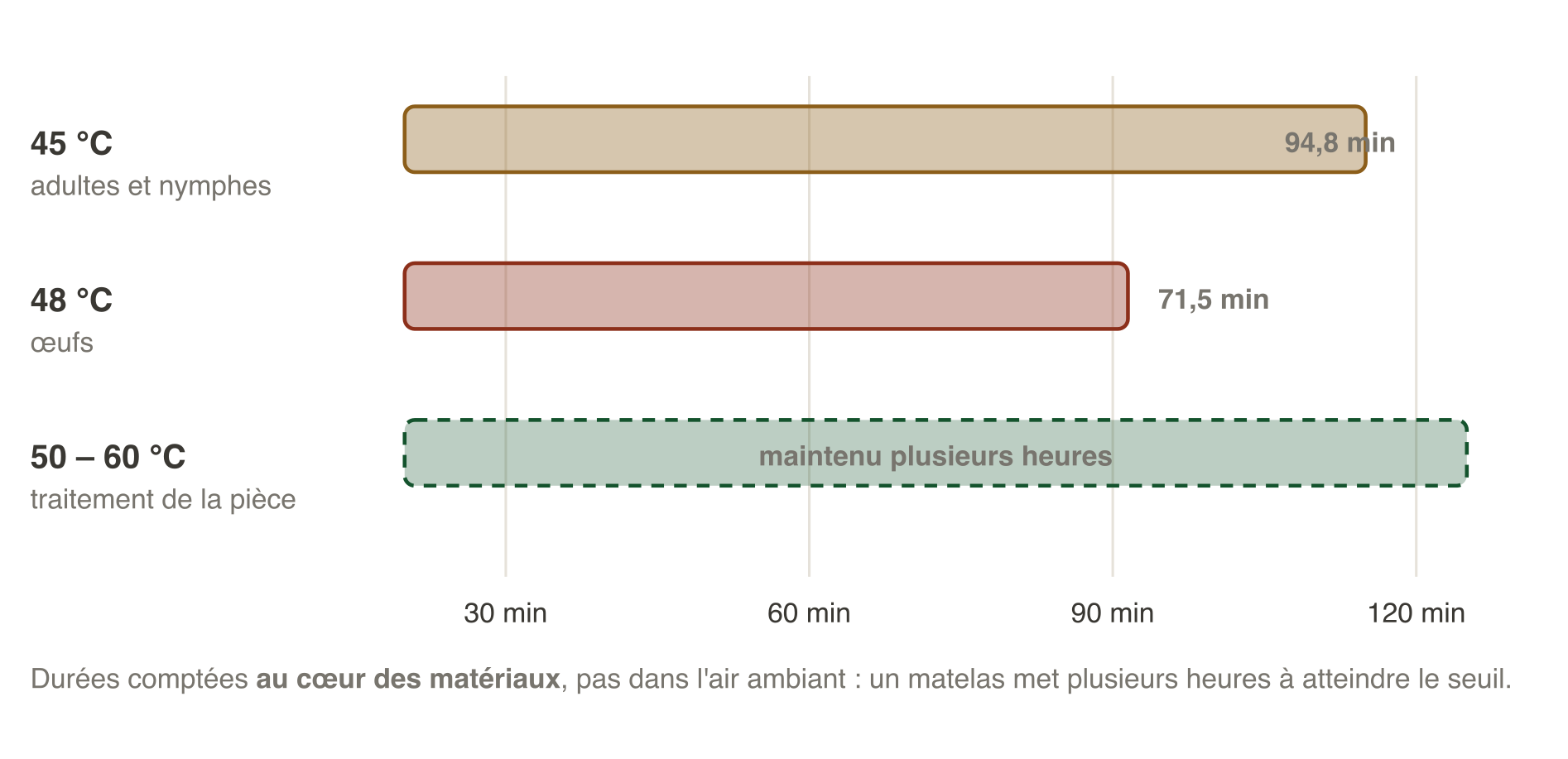 Seuils létaux : à 45 degrés, il faut 94,8 minutes d'exposition continue pour tuer une punaise de lit adulte ; à 48 degrés, 71,5 minutes pour tuer les œufs ; un traitement thermique professionnel vise 50 à 60 degrés maintenus plusieurs heures ; le lavage à 60 degrés et la congélation à moins 18 degrés pendant 72 heures tuent tous les stades.