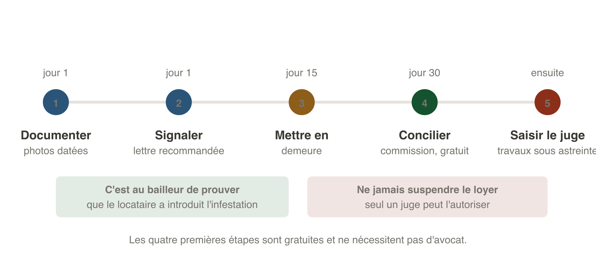 Procédure en cas d'infestation dans un logement loué : documenter avec des photos datées, signaler par lettre recommandée avec accusé de réception, mettre en demeure après quinze jours sans réponse, saisir gratuitement la commission départementale de conciliation, puis le tribunal judiciaire qui peut ordonner les travaux sous astreinte. Ne jamais suspendre le loyer de sa propre initiative.